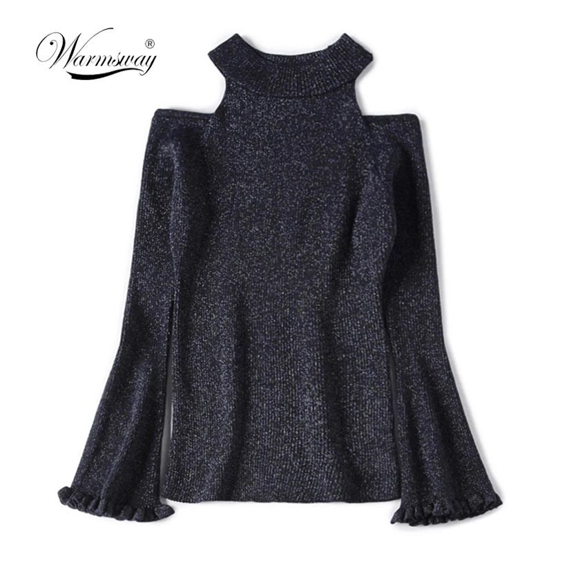 

Sexy Women Off Shoulder Long Sleeve Lurex Knitted Sweater Solid Skinny Slim Sweater flare sleeve Pullover B-023