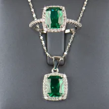 R & J 2016 Nueva Marca plata de ley 925 Anillo de Compromiso de Esmeralda Colgante de Collar de Moda Nupcial conjuntos de Joyas Naturales Para mujeres