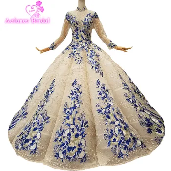 

2018 Champagne Lace Blue Appliques Long Sleeves High Neck Bridal Gowns Floor-length Backless Ball Gown Vintage Wedding Dresses