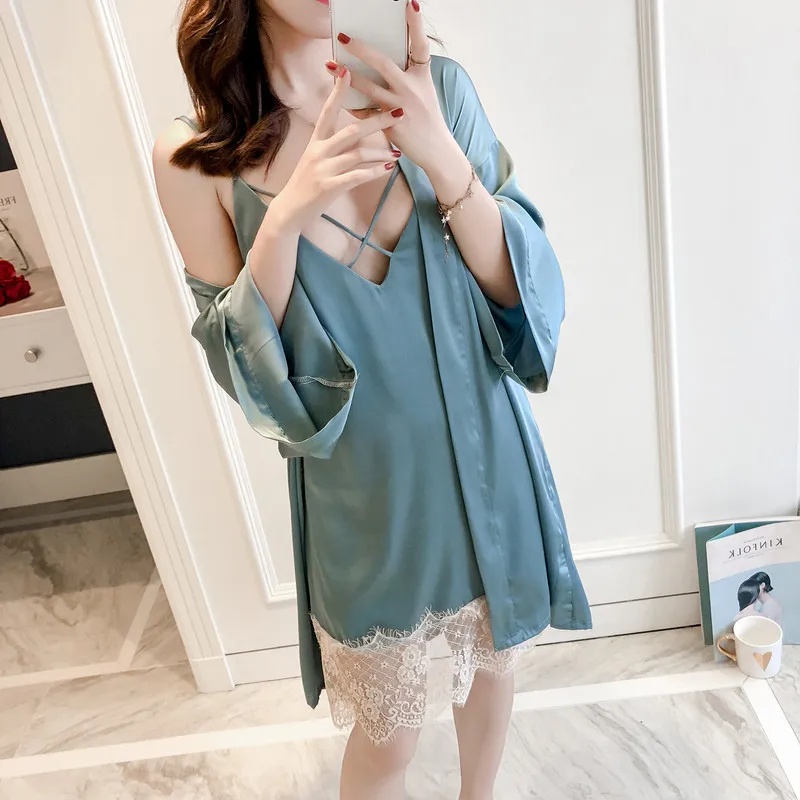 

Sexy Satin Lace Women Robes Sleepwear Nightgown 2PCS Rayon Home Clothing Robe&Cami Sleep Gown Robe Suit Solid Nightwear Lounge