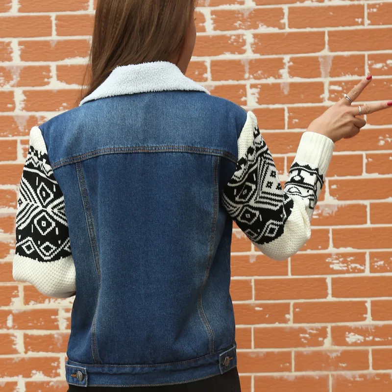 lower price Women Winter Denim Coat Thicken Fleece Lamb Wool Aztec Pattern Patchwork Long Sleeve Jeans Jacket W