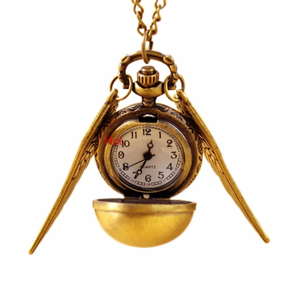 

Fashion Quartz Pocket Watch Angel Wings Golden Snitch Slytherin Retro Chain Pendant Clock Classic Pocket Necklace Gifts