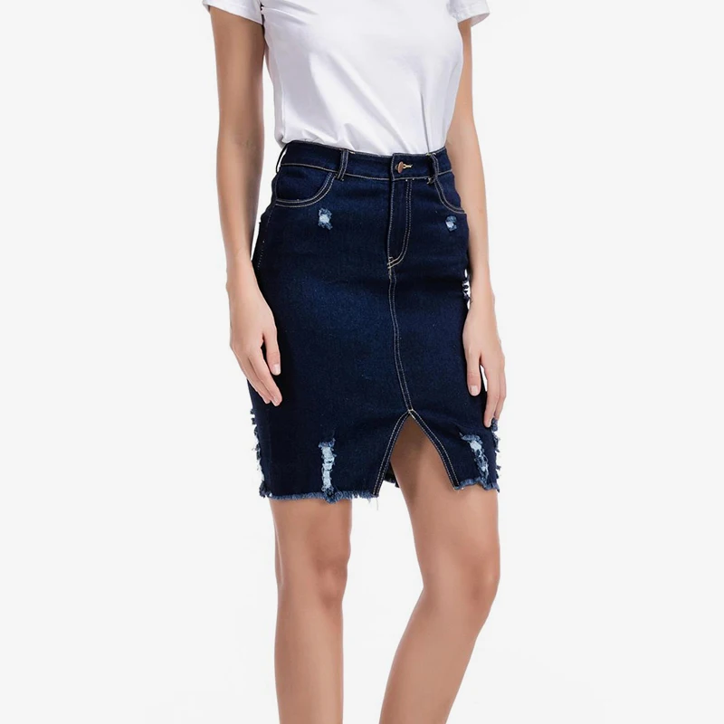 Women Blue Ripped Front Split Denim Skirt High Waisted Zippers Button