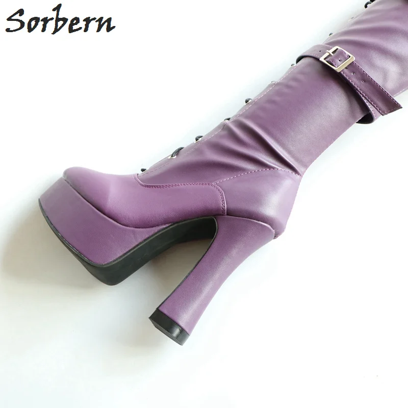 Sorbern Matt/Фиолетовые женские сапоги до бедра на массивном каблуке высокие молнии