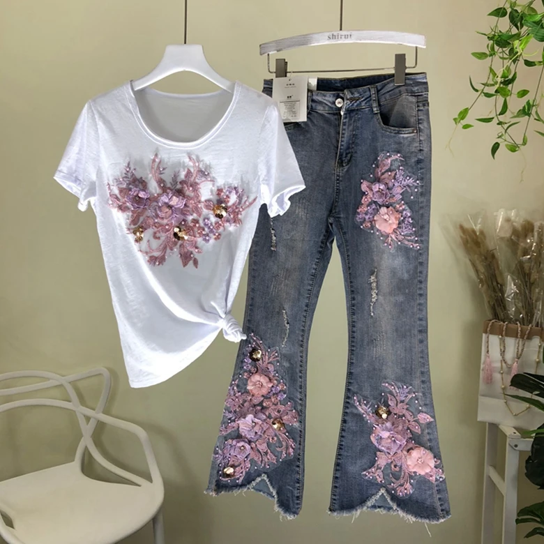 

New Heavy Pearl Bead Three-dimensional Flower Hole Elastic Jean Bell Trousers + T-shirt Two-piece Suit for Women Vest Coat Lady