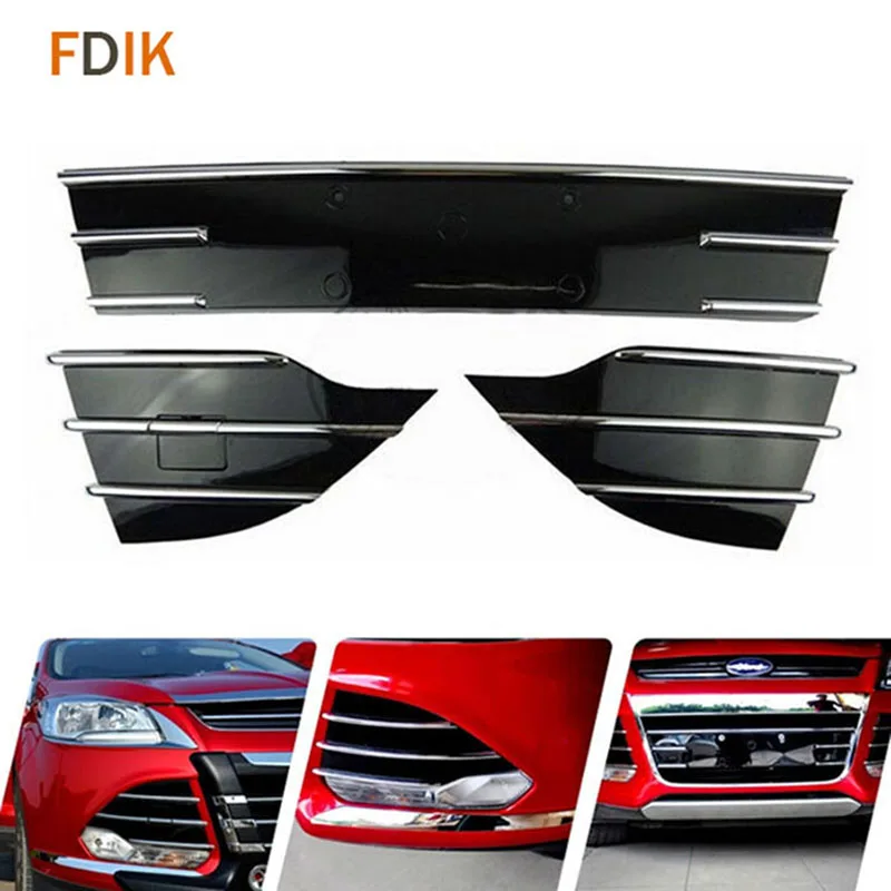 3 шт. глянцевые вставки для передней решетки радиатора Ford Escape Kuga 2013 2014 2015|black grill