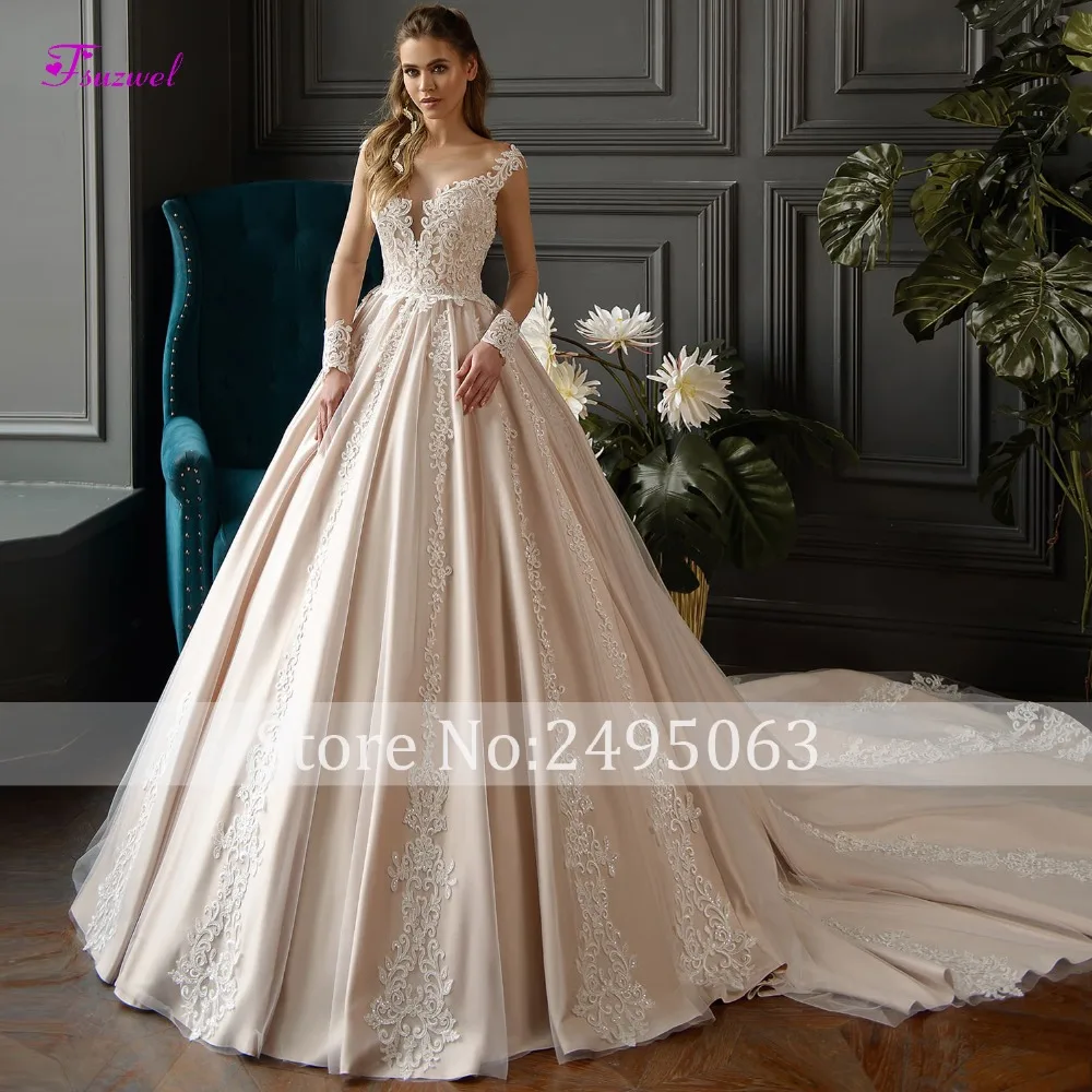 Fsuzwel/великолепные атласные свадебные платья трапециевидной формы с аппликацией и шлейфом ; Свадебные платья «Принцесса» с круглым вырезом и рукавами-крылышками; большие размеры