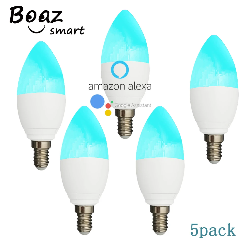 

BOAZ 5 PCS smart E14 Candle Light WiFi RGBW Led Bulb Light Voice Control by Alexa Echo Google Home 2.4G WiFi Control by Tuya APP