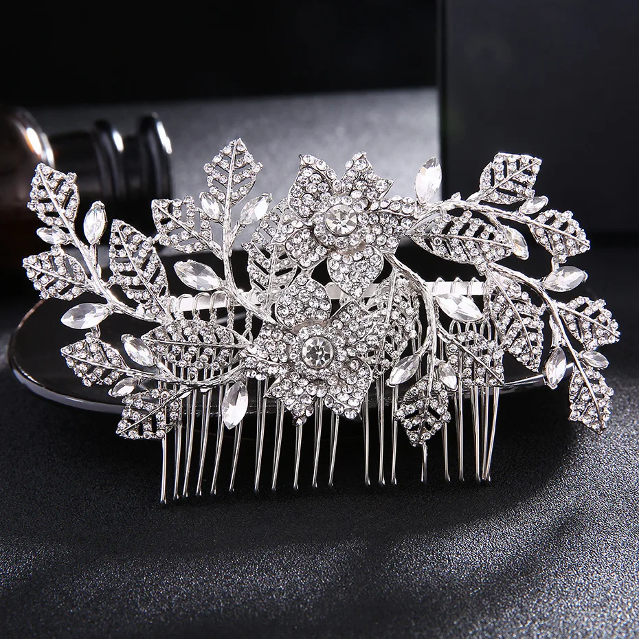 Silver Crystal Hair Combs Wedding Hair Accessories Flower Leaves Bridal
