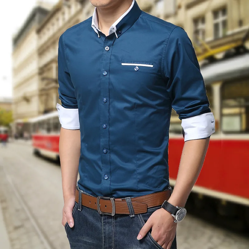 Новое поступление, Мужская Повседневная деловая рубашка с длинным рукавом, корейский стиль, одноцветная Хлопковая мужская рубашка с отложным воротником, рубашка для мужчин - Цвет: Lake Blue