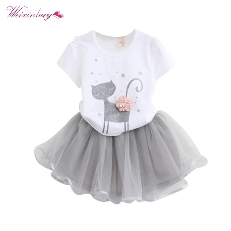 

WEIXINBUY Toddler Baby Girls Flower Cat Printed T-shirt Tops+Tutu Skirt Outfits Clothes Set
