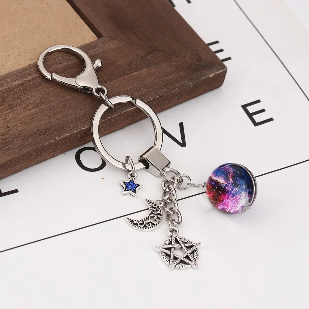 

DoreenBeads Glass Keychain & Keyring Star Antique Silver Blue Violet Universe Planet Royal Colorful Rhinestone 12.5cm, 1 PC