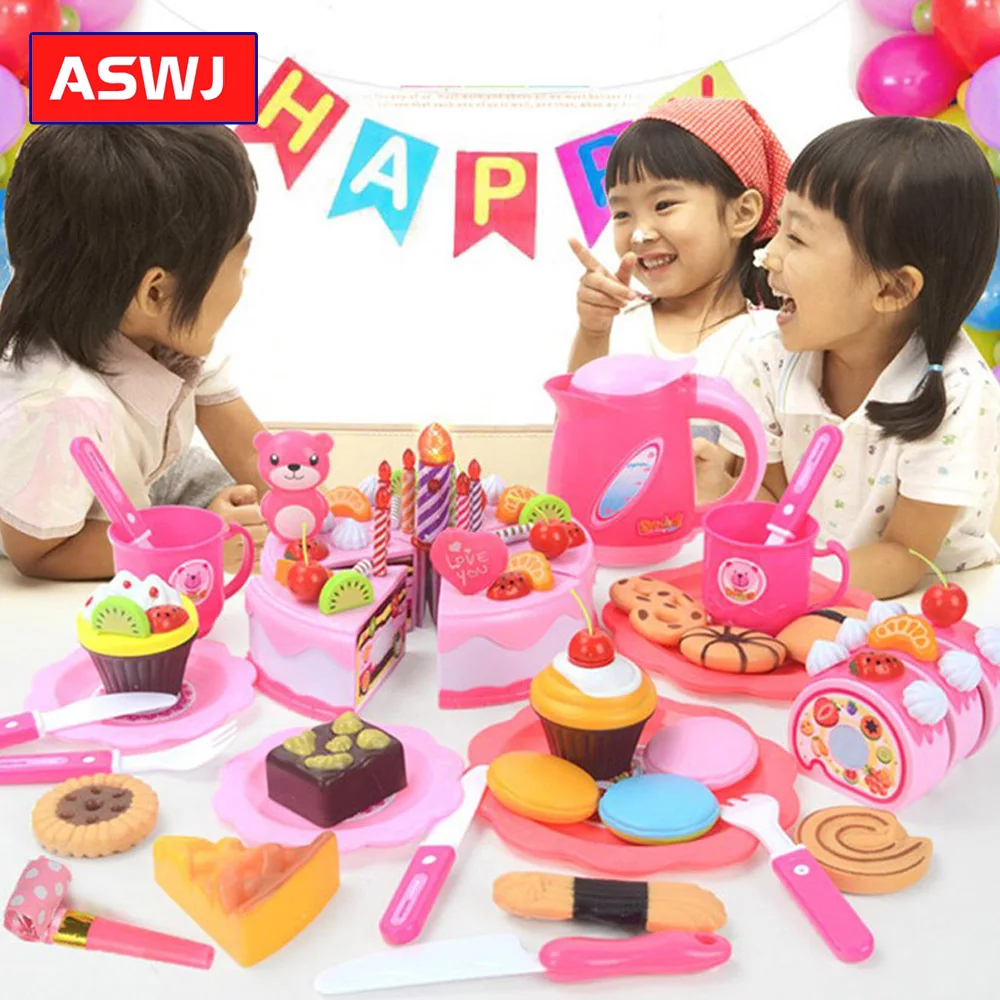 

37-80Pcs DIY Pretend Play Fruit Cutting Birthday Cake Kitchen Food Toys Cocina De Juguete Toy Pink Blue Girls Gift for Children