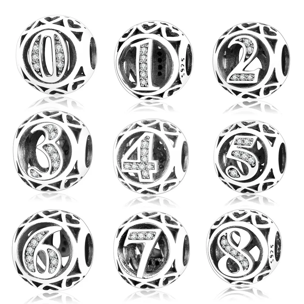 

2019 Spring Clear CZ Number 0 to 9 One to Nine Round Beads Fit Original Pandora Charms Bracelet 925 Sterling Silver Jewelry Gift
