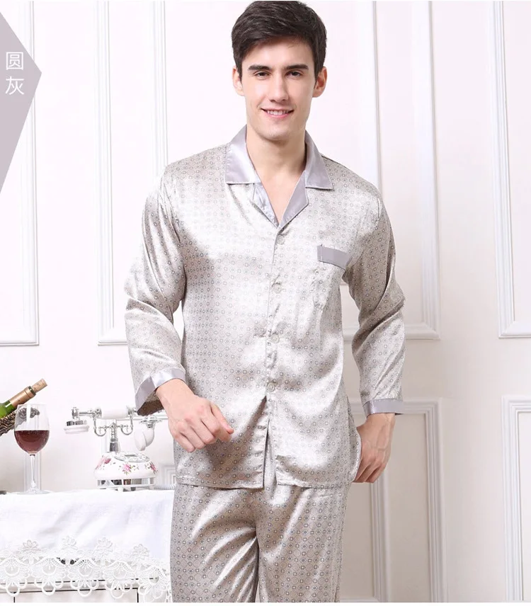 mens satin pajama set Men's Long Sleeve Silk Homewear Male Spring Summer Long Sleeves Pyjamas Lapel Handsome Luxurious Silk Nightwear 2pcs D-2183 soft cotton pyjamas