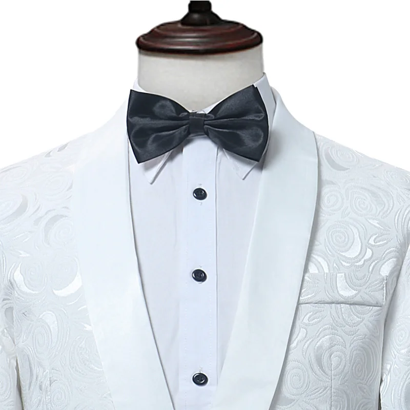 Mens White Floral One Button Suits Party Wedding Groom Tuxedos Groomsmen 2 Piece Suit (Jacket + Pants) Male Costume Mariage Homme mens suit