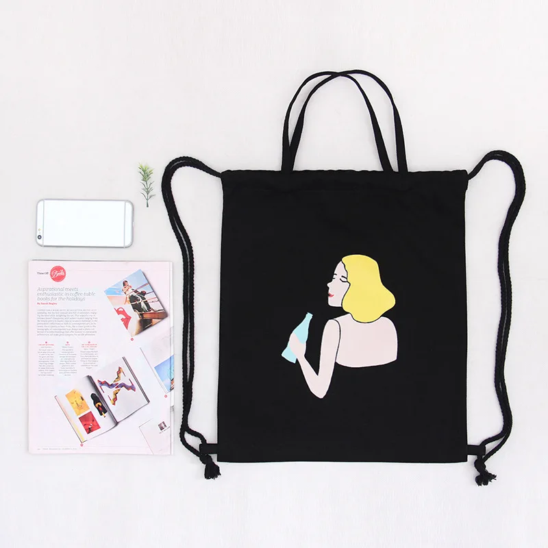 

Girls Canvas Drawstring Backpack Preppy Style Totes Schoolbag for Teenagers Female Fresh Style String Bag Summer Printing Bags