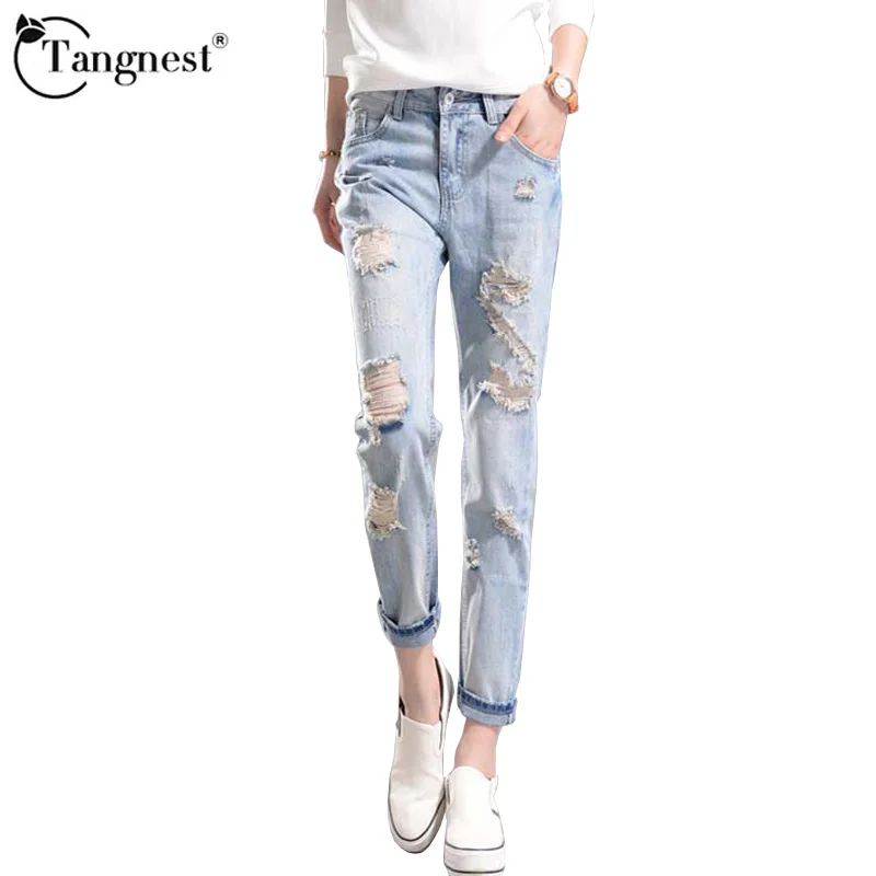 

TANGNEST Women Summer Slim Hole Jeans 2017 New Fashion Casual Slim Ankle Length Female Denim Pants WKN500