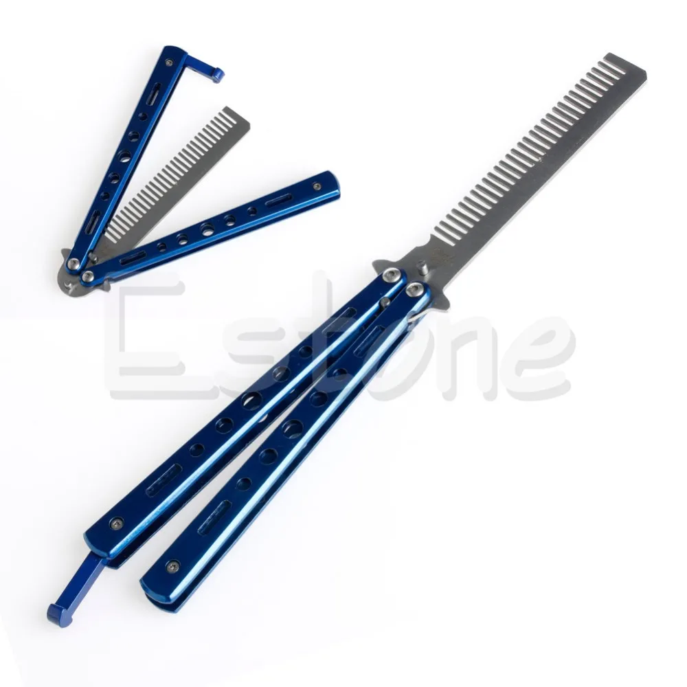 

New Blue Steel METAL Practice BALISONG BUTTERFLY Trainer Knife Comb With Sheath D14