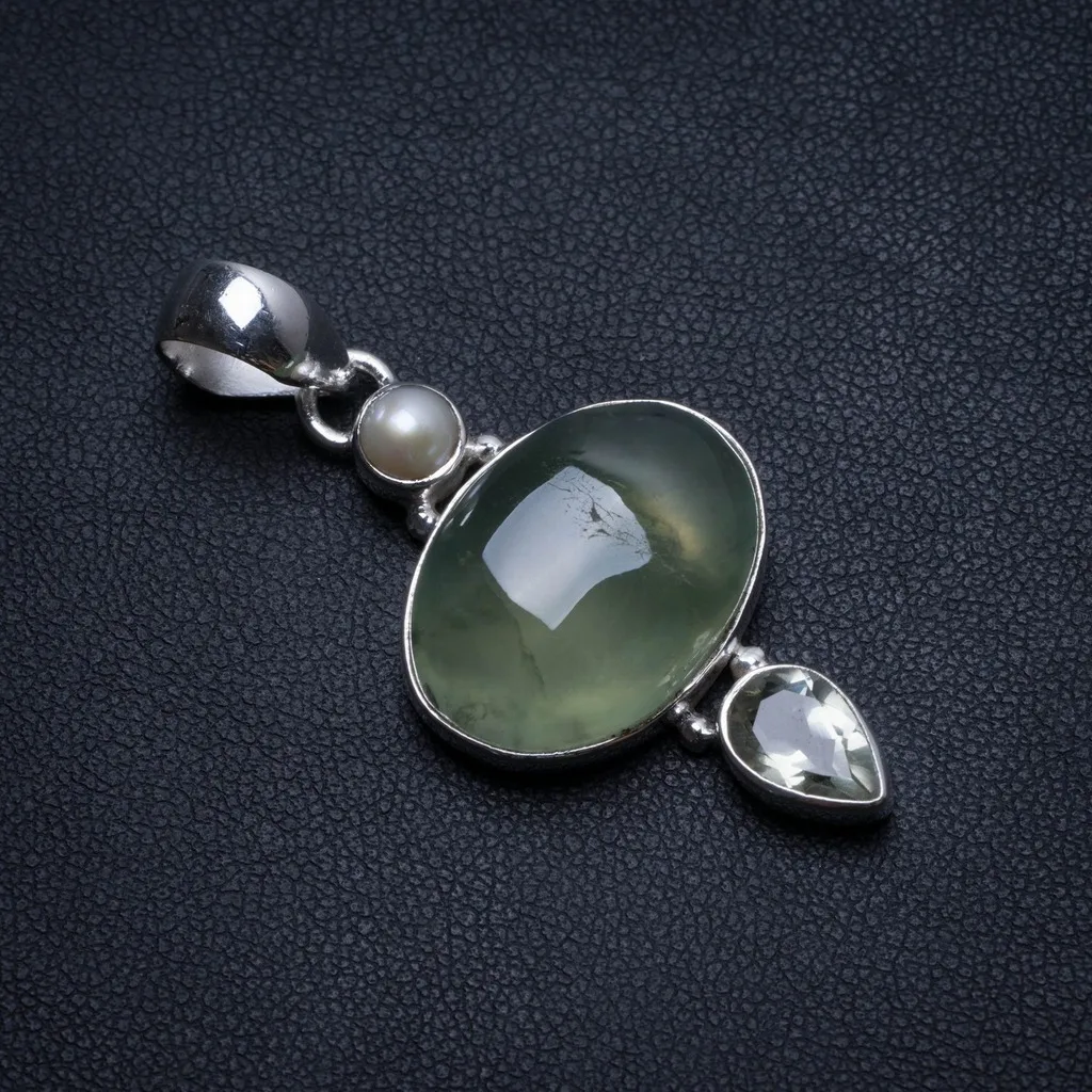 

Natural Prehnite,Green Amethyst and River Pearl Vintage 925 Sterling Silver Pendant 1 3/4" T1655