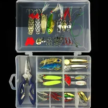 41pcs/box Lure Fishing Tool Tackle Box Fishing Pliers Fishhooks VIB Spoon Lures with Feather Fishing Connector Rings Accessories