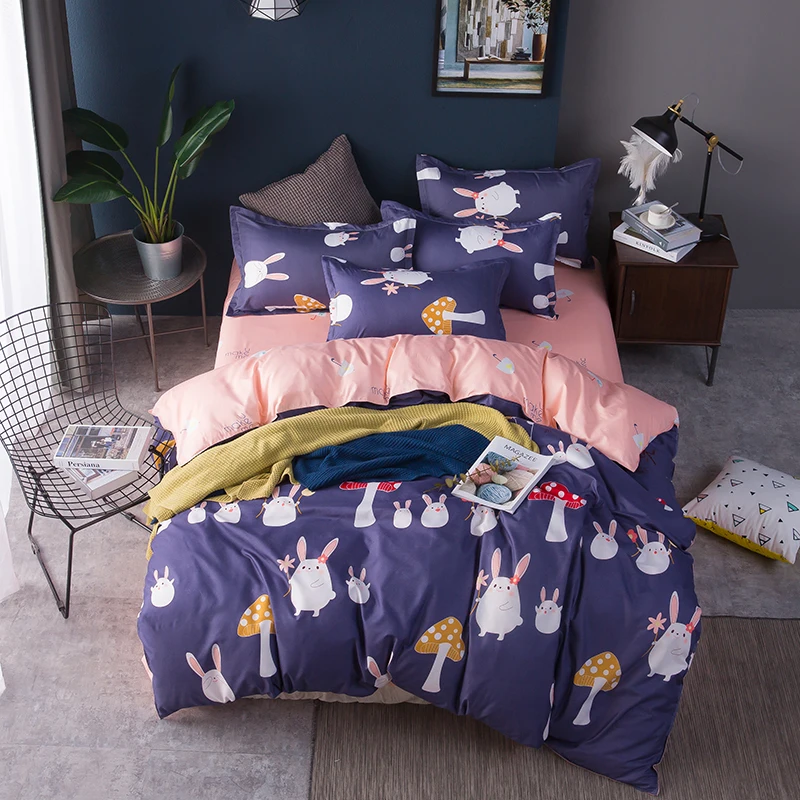 Pink blue white rabbit mushroom kawaii bedding set cartoon bed sheet