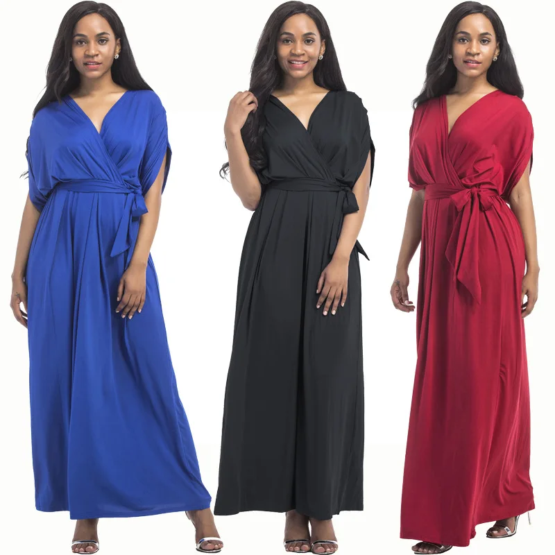 Summer Elegant Women Dress V Neck Batwing Sleeve High Waist Sash Loose