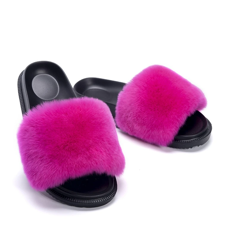 JELLYFOND Furry Slides for Women Leopard Slipper Real Rabbit Fur Slides Furry Flat Sandals Female Cute Fluffy Summer Shoes Woman