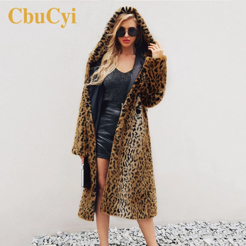 

CbuCyi Women Long Coats Wool Plus Size Hooded Faux Fur Overcoat Leopard Color Warm Thick X-Long Coat Women Patchwork Fur Coats