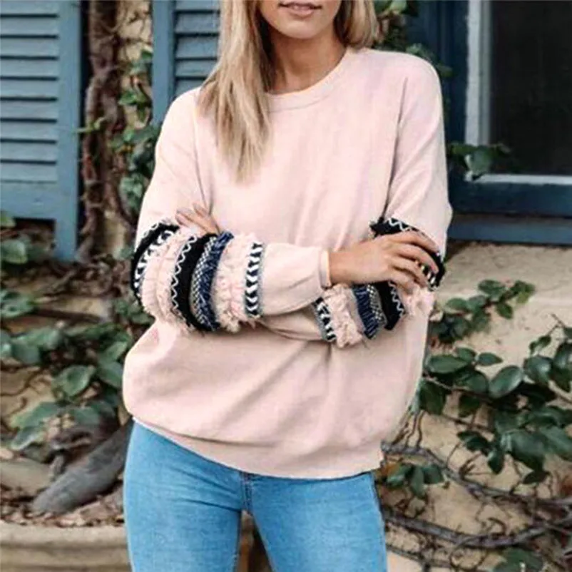 HOT sell sweaters fashion 2018 women Stripe Patchwork Long Sleeve Sweat shirt Pullover Shirt Tops Blouse Invierno O09#N (11)