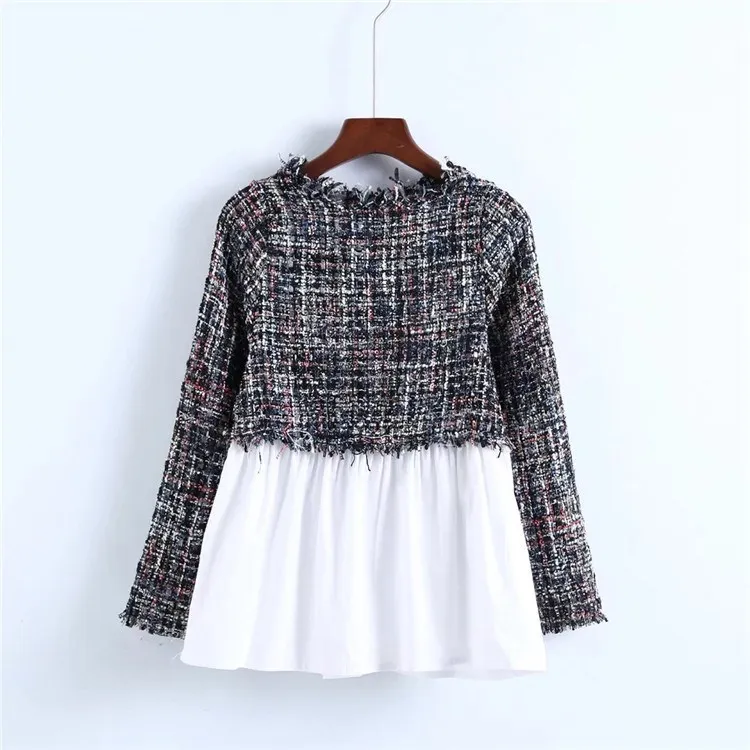 

Fashion 2018 Autumn Women Casual Colorblock Shirt Tops Tweed Multicolor Blouse Spring Round Neck Long Sleeve Shirt