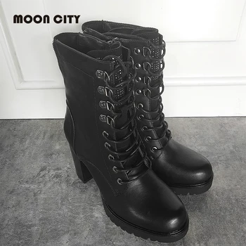 

2019 Fashion Women's Boots Femme High heel Leather Boots mid calf boots for women BlackLace-up Thick heel Shoes Woman plus size
