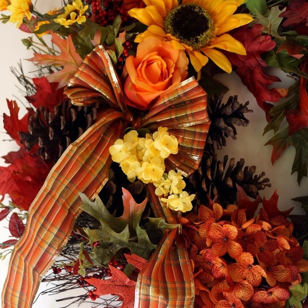 Fall Wreath, Hydrangea Roses Yellow Flowers Cottage Rustic Pine-cones (3)