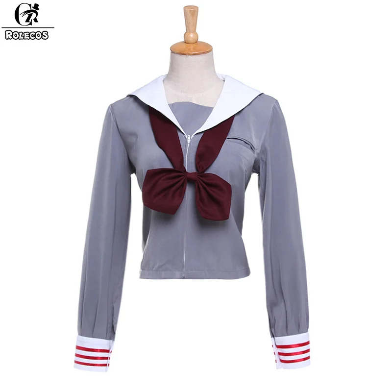 

ROLECOS New Arrival Japanese School Girl Uniform Color Gray Navy Blue Zipper Jacket with Bow Tie Cosplay Costumes