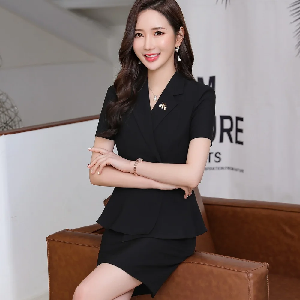 Female Skirt Suit Short Sleeve Slim Waist Ruffle Blazer Jacket+Skirt 2 Pieces Business Skirt Suits Office Clothes ow0516