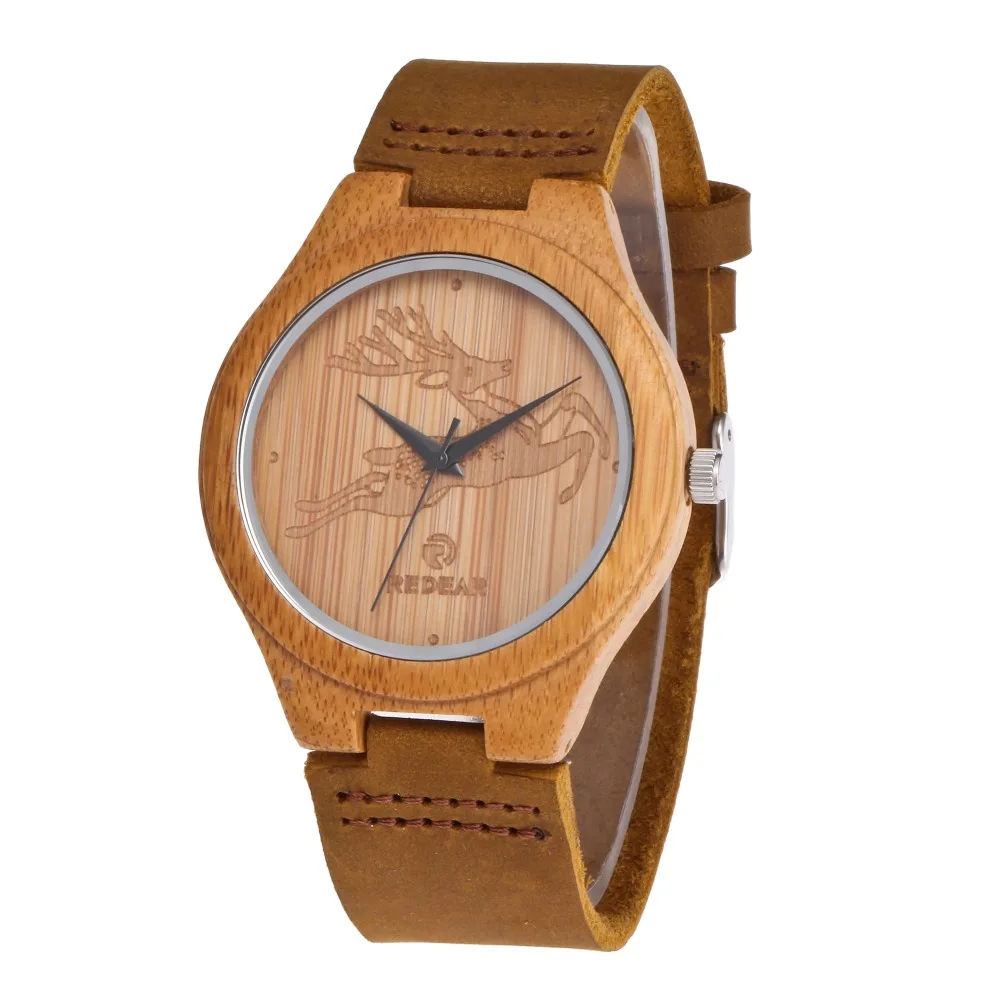 

reloj hombre REDEAR Wooden Watch Women Men Watch Genuine Leather Bamboo Wood Men's Watch Deer Women's Watches Clock reloj mujer