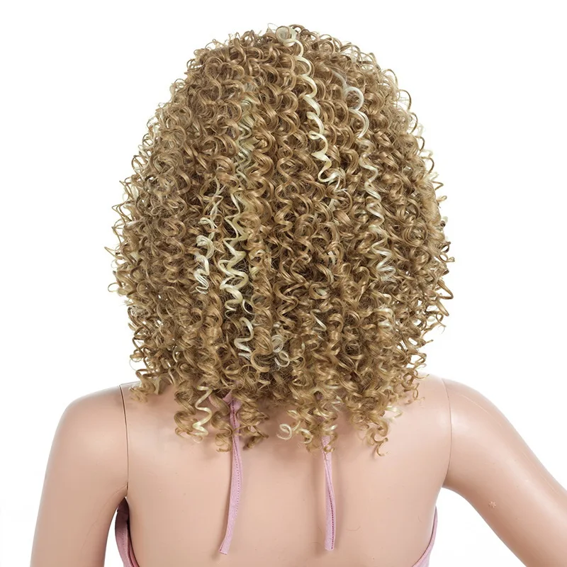 Yiyaobess 14inch Light Golden Brown Highlight Afro Kinky Curly Wig