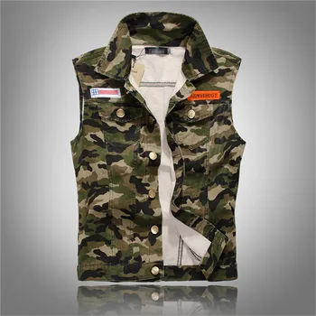 

Men's Camouflage Denim Vests Military Sleeveless Jeans Jackets Casual Male Vest Camo Waistcoats Homme 4XL New Spring Autumn
