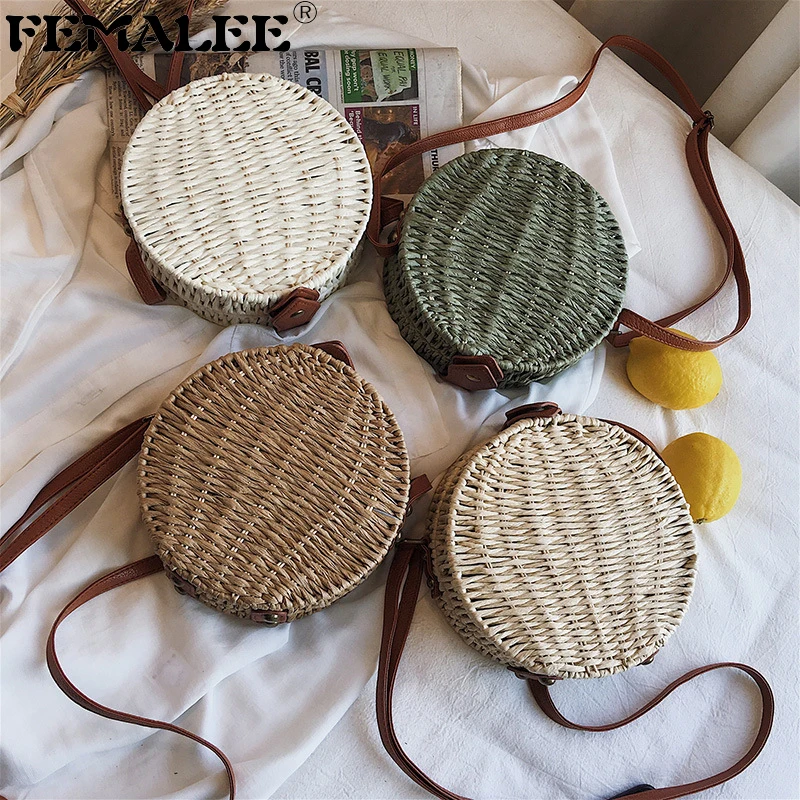 

FEMALEE Women Summer Rattan Bag Handmade Round Straw Bags Woven Beach Crossbody Shoulder Bag Circle Bohemia Handbag Bali Box