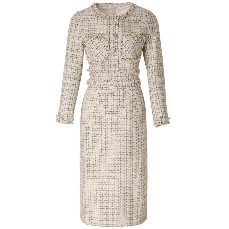 

New Designer 2019 European Women Luxurious Manual Beads Round Collar Long Sleeve Knitted Tweed Slim Pencil Dress