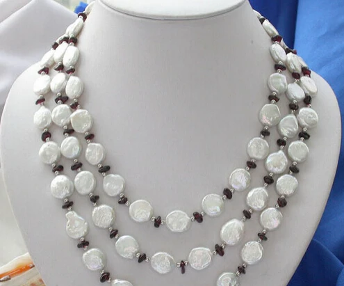 

Miss charm Jew1040 3ROW 12MM WHITE COIN FRESHWATER PEARL Garnet NECKLACE