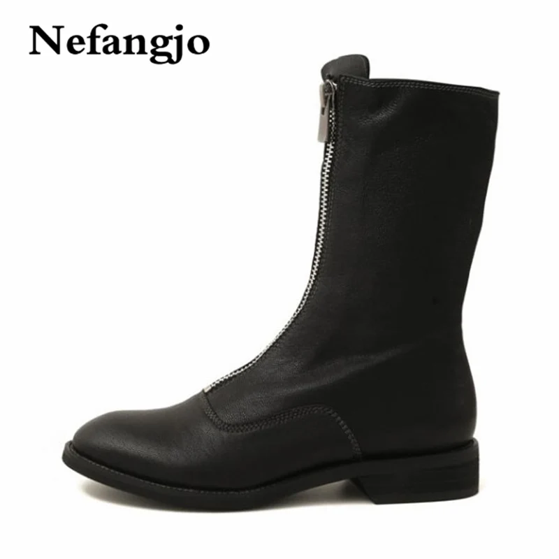 

Nefangjo 2018 Women Boots Front Zipper Retro Leather Thick-heel Mid-Calf Martins Fashion perfect Leisure non-slip Women Boots