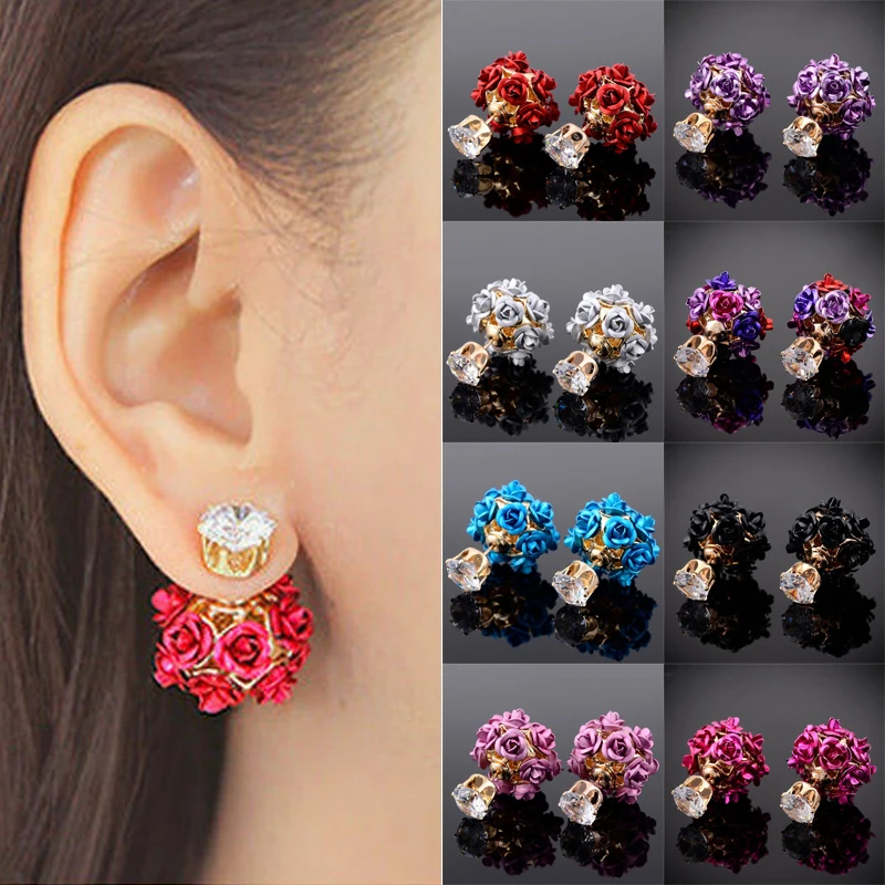 Shellhard Crystal Earring Femme Brincos Elegant Womens Double Sided Rose Flower Stud Earrings Fashion Jewelry Gift