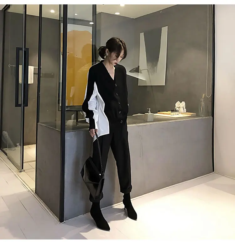 XITAO, дизайнерская блуза, корейская мода, новинка, для женщин, v-образный вырез, новинка, вязаный, пэчворк, свободный, длинный рукав, кардиганы, Повседневный,, WBB4143