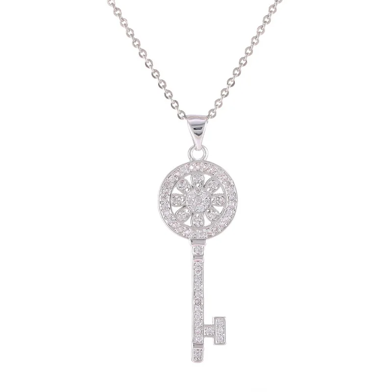 

Vintage Fashion Statement Necklaces For Women 2018 New Tiff Jewelry Copper Zircon Rhinestone Key Charms Pendants Necklace Silver
