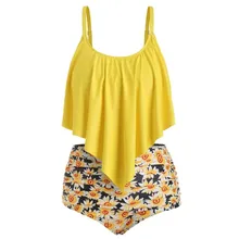 Женский купальник размера плюс, сексуальный танкини, два куска, женский купальник,, Желтый Цветочный Танкини, купальный костюм с пуш-ап, женский бикини
