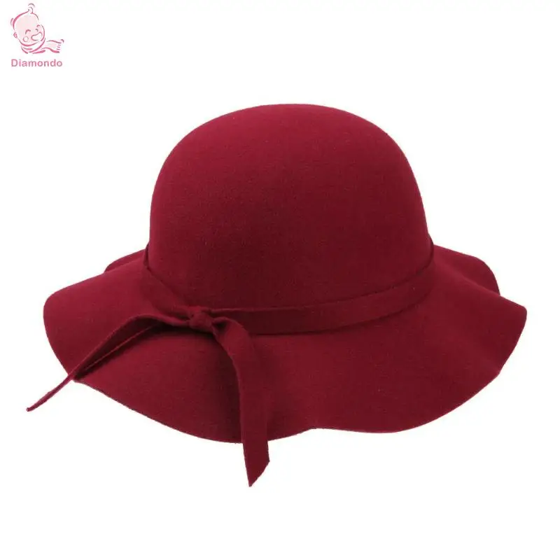 Модная фетровая шляпа с широкими полями и бантом, винтажная шляпа из имитации шерсти, пляжная шляпа от солнца, винтажные детские шляпы для девочек - Цвет: Бургундия