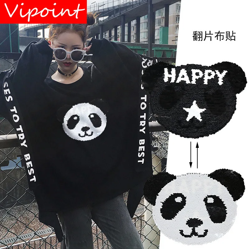 

VIPOINT embroidery Sequins big panda patches animal patches badges applique patches for clothing XC-7