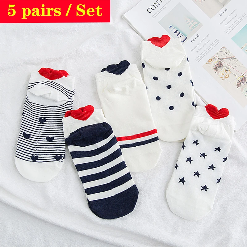

5Pairs New Arrivl Women Cotton Socks Pink Cute Cat Ankle Socks Short Socks Casual Animal Ear Red Heart Gril Socks 35-40