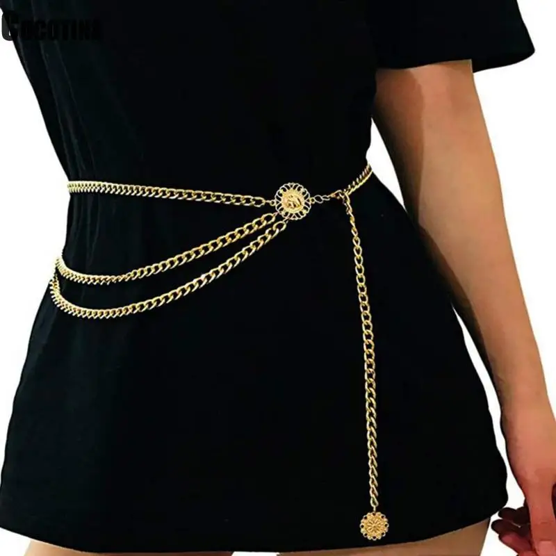 

New Fashion Luxury Designer Brand Metal Chain Belt For Women Golden Coin Personality Hip Hop Style Female Tassel Belts Ceinture